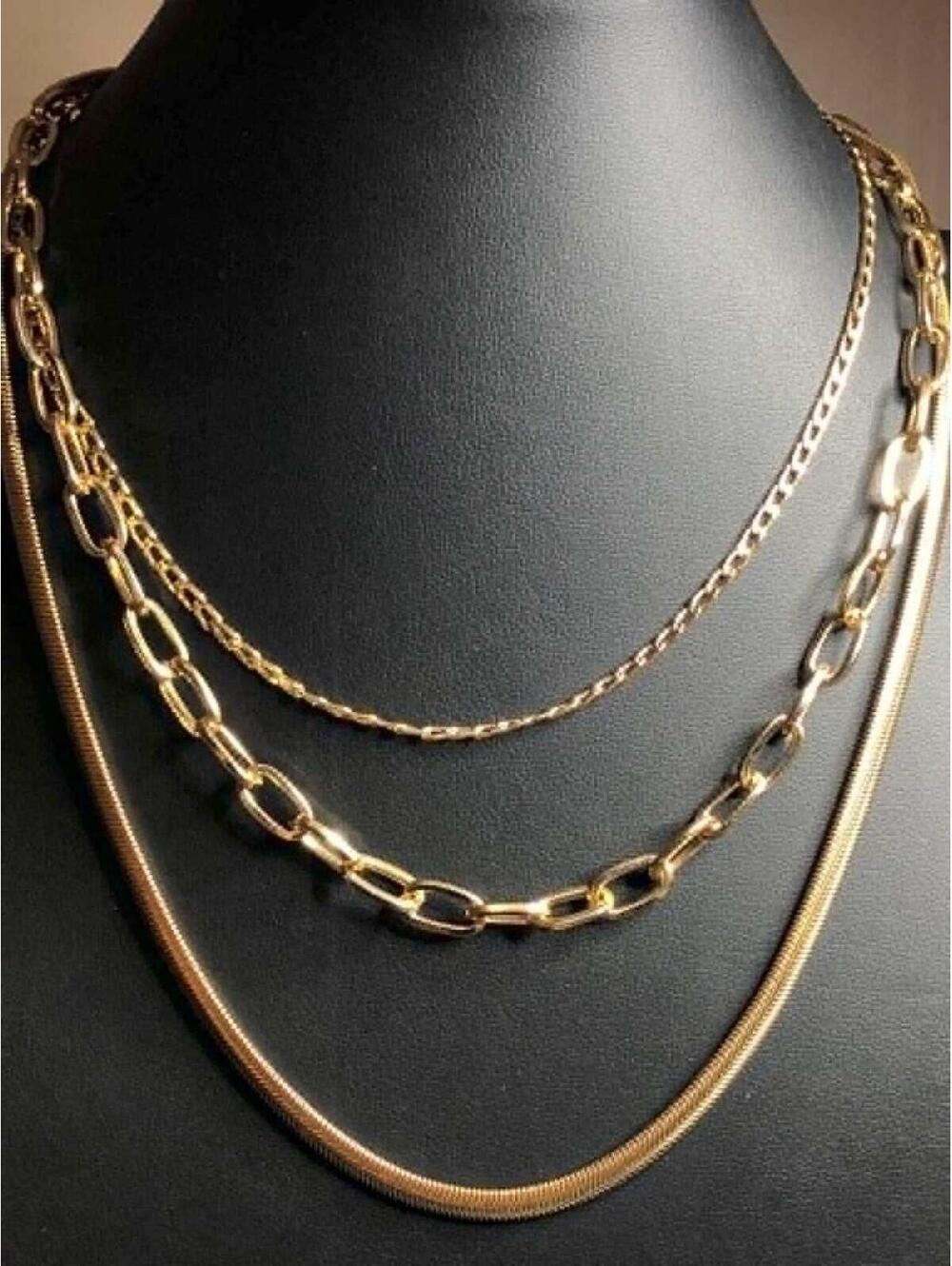 B4399 Promod Layered Multi-Strand Necklace Adjustable Gold Tone Herringbone 18"
